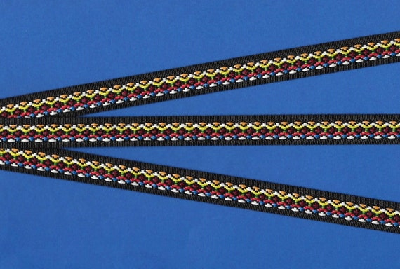 NATIVE AMERICAN C-04-A Jacquard Ribbon Poly Trim, 5/8" Wide (16mm) Black Background w/Bright, Multi-Colored Tribal Native Pattern