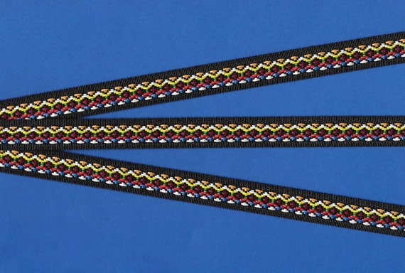 NATIVE AMERICAN C-04-A Jacquard Ribbon Poly Trim, 5/8" Wide (16mm) Black Background w/Bright, Multi-Colored Tribal Native Pattern, Per Yard