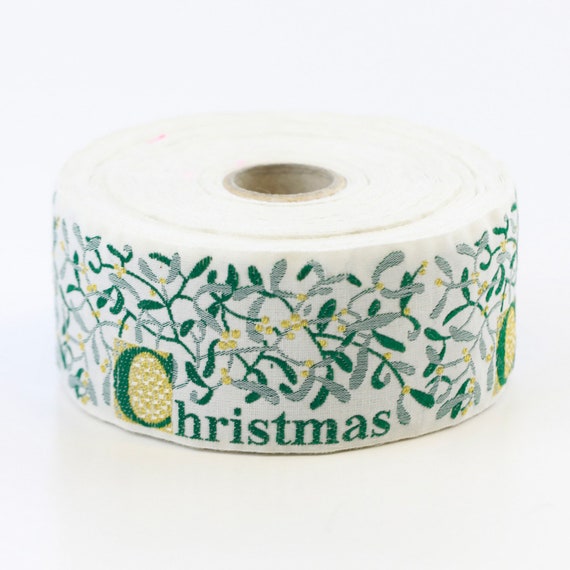 KAFKA H-04/C-03 Jacquard Ribbon Organic Cotton Trim 1-1/2" wide (38mm) White w/Lt Green & Olive Mistletoe, Gold Metallic Accents