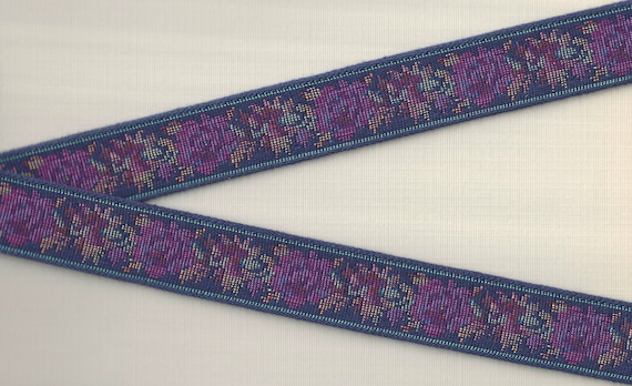 FLORAL TAPESTRY F-21-P Jacquard Ribbon Cotton Trim 1-1/8" wide (28mm) "Petit Point" Design Navy Background, Purple/Pink/Yellow/Orange/Green