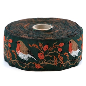 KAFKA H-05/05 Fita Jacquard de Algodão Orgânico com Acabamento 1-5/8" de largura (42 mm) Verde Escuro com Piscos-de-peito-ruivo, Rosa Mosqueta, Ramos e Folhas