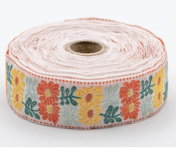 KAFKA G-32/05 Jacquard Ribbon Woven Organic Cotton Trim 1-1/4" wide (32mm) White Background w/Yellow & Orange "Flower Twin" Green Leaves