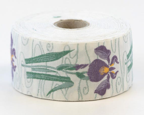 KAFKA H-10/02 Jacquard Ribbon Woven Organic Cotton Trim 1-1/2" wide (38mm) Ivory Background w/Lavender Irises & Green Leaves
