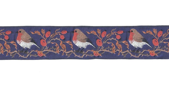 KAFKA H-05/06 Jacquard Ribbon Woven Organic Cotton Trim 1-5/8" wide (42mm) Blue w/Robins, Rose Hip Berries, Branches & Leaves
