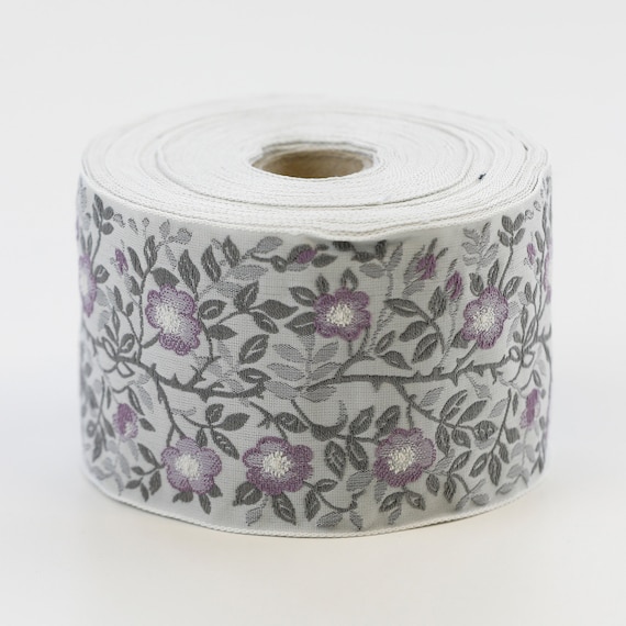 KAFKA L-01/27 Jacquard Ribbon Woven Organic Cotton Trim 2-3/8" wide (60mm) Lt. Gray w/Variegated Lilac Dog Roses, 2-Tone Gray Leaves