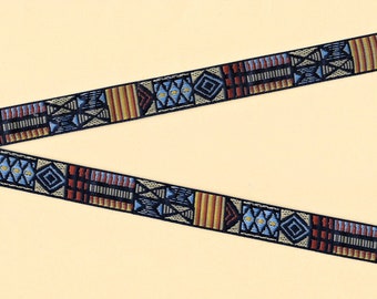 GEOMETRIC C-11-A Jacquard Ribbon Poly Trim 5/8" wide (16mm) Navy, Tan, Lt. Blue, Copper & Yellow