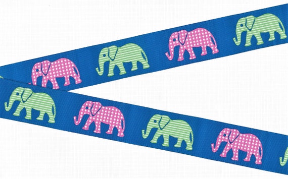ANIMALS/Wildlife G-06-A Jacquard Ribbon Poly Trim 1-1/8" Wide (28mm) FUN! Blue w/Pink Polka-Dot and Green Striped Elephants