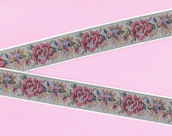 FLORAL TAPESTRY F-21-A Jacquard Ribbon Trim Cotton Trim 1-1/8&quot; wide (28mm) &quot;Petit Point&quot; Design in White, Gray w/Pink Flowers, Olive Leaves