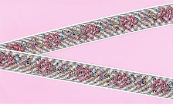 FLORAL TAPESTRY F-21-A Jacquard Ribbon Trim Cotton Trim 1-1/8" wide (28mm) "Petit Point" Design in White, Gray w/Pink Flowers, Olive Leaves