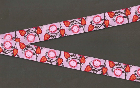 FLORAL E-31-C Jacquard Ribbon Polyester Trim 7/8" wide (22mm) Pink Background w/Pink Flowers, Orange Leaves & Brown Stems, Per Yard