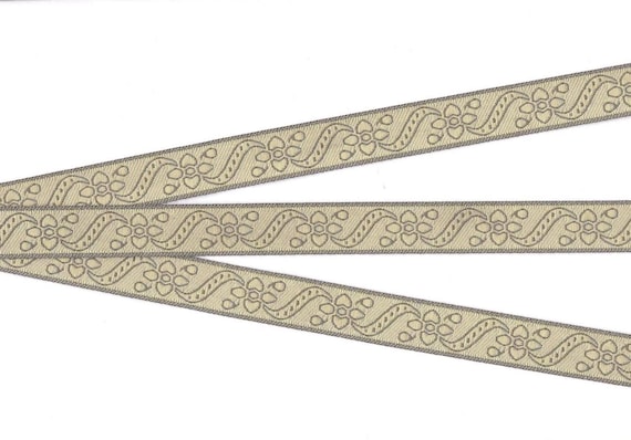 FLORAL C-02-A Jacquard Ribbon Poly Trim 5/8" wide (16mm) Pretty Shades of Pale Green/Beige Flowers & Scrolls