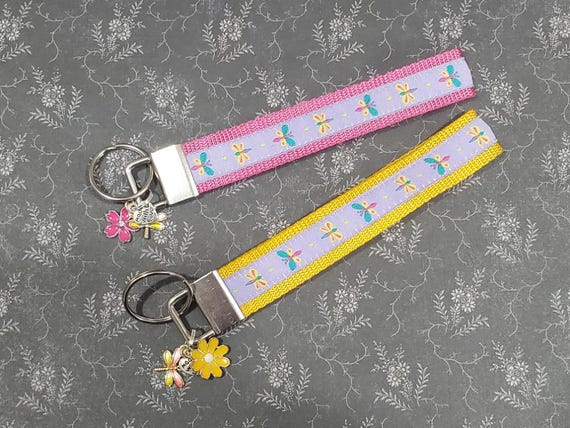 Jacquard Ribbon/Nylon Web 3/4" wide (20mm) Key Fobs, Bright Dragonflies w/Charms, Keychain, Wristlet, Zipper Pulls, Luggage Tags 5.5" long