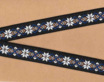 SNOWFLAKES F-01-A Jacquard Ribbon Woven Poly Trim 1" Wide (25mm) Black w/Nordic Style White Snowflakes, Royal Blue & Camel Accents, Per Yard