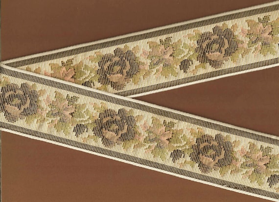 FLORAL TAPESTRY M-05-E Jacquard Ribbon Cotton Trim, 2-3/8" Wide (60mm) "Petit-Point" Design in Beige, Taupe, Peach, Brown & Olive, Per Yard
