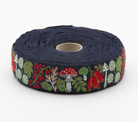KAFKA F-19/03 Jacquard Ribbon Woven Organic Cotton Trim 1" wide (25mm) NEW! Navy Background w/Toadstools, Leaves & Autumn Fruits