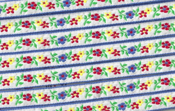 FLORAL B-20-A Jacquard Ribbon Woven Cotton Trim 1/2" wide (13mm) White (Blue Borders) Red, Blue & Yellow Edelweiss, Green Leaves