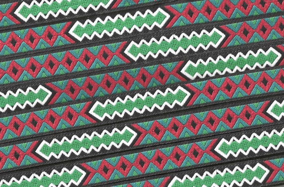 NATIVE AMERICAN  A-03-C Jacquard Ribbon Poly Trim 7/16" wide (12mm) Black Background w/Red, Teal, Green & White Diamond Design