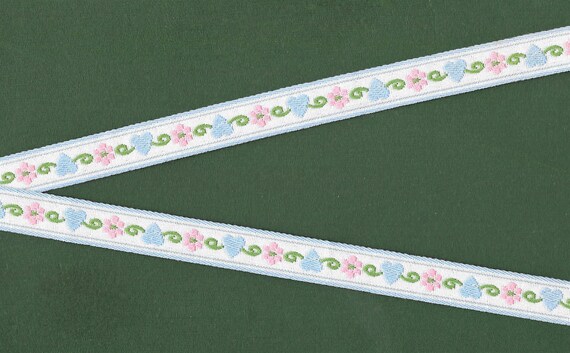 HEARTS/FLOWERS C-11-B Jacquard Ribbon Cotton Trim 5/8" wide (16mm) VINTAGE Made in Germany, White w/Blue Hearts, Peach Flowers Green Scrolls