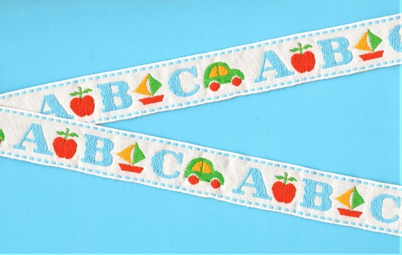 CHILDREN's F-03-B Jacquard Ribbon Cotton Trim 1" Wide (25mm) White Background, Large ABC Pattern in Turq, Green, Orange & Yellow