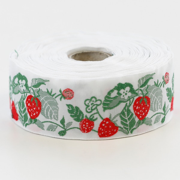 KAFKA G-07/01 Jacquard Ribbon Woven Organic Cotton Trim 1-1/4" wide (32mm) White w/Red Strawberries & Ladybugs, Green Leaves