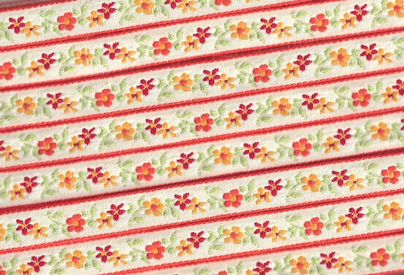 FLORAL B-20-G Jacquard Ribbon Woven Cotton Trim 1/2" wide (13mm) Cream (Orange Borders) Red/Orange/Yellow Edelweiss, Green Leaves