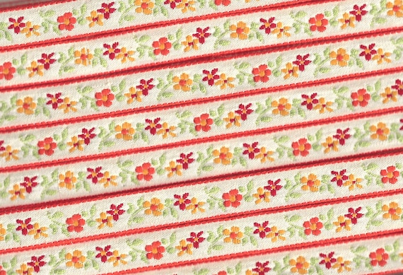 FLORAL B-20-G Jacquard Ribbon Woven Cotton Trim 1/2" wide (13mm) Cream (Orange Borders) Red/Orange/Yellow Edelweiss, Green Leaves