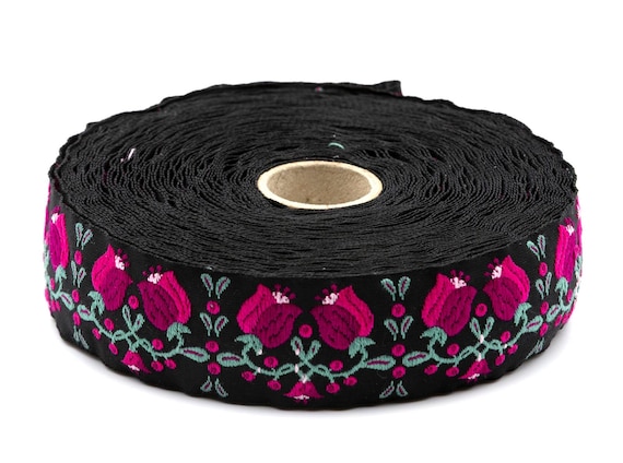 KAFKA F-18/03 Jacquard Ribbon Woven Organic Cotton Trim 1" wide (25mm) Black Background w/Variegated Fuchsia Pink Bellflowers, Green Leaves