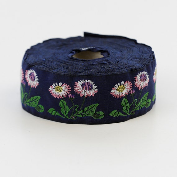 KAFKA G-04/05 Jacquard Ribbon Woven Organic Cotton Trim 1-1/4" wide (32mm) Navy w/White, Pink & Yellow Daisies, Green Leaves