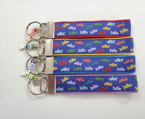 WILDLIFE Jacquard Ribbon/Nylon Web 1" wide (25mm) Key Fobs, "Here Fishy Fishy!" w/Charms, Keychain, Wristlet, Luggage Tags 5.5" long
