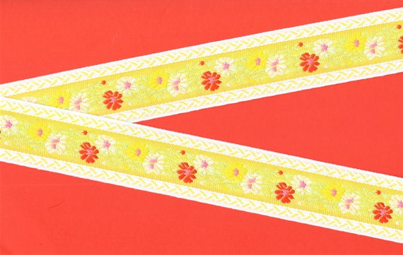 FLORAL G-31 Jacquard Ribbon Poly Trim 1-1/4" wide (32mm) Yellow w/White Borders, Orange, Yellow & White Flowers, Lime Leaves, Per Yard