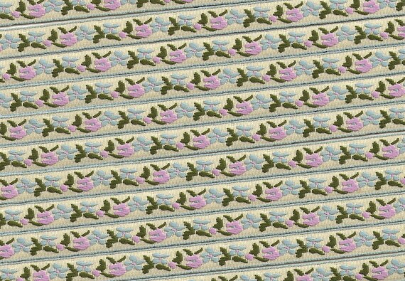 FLORAL A-30-i Jacquard Ribbon Poly Trim 3/8" Wide (9mm) Ivory Background w/Blue Borders, Blue & Pink Flowers, Olive Green Leaves