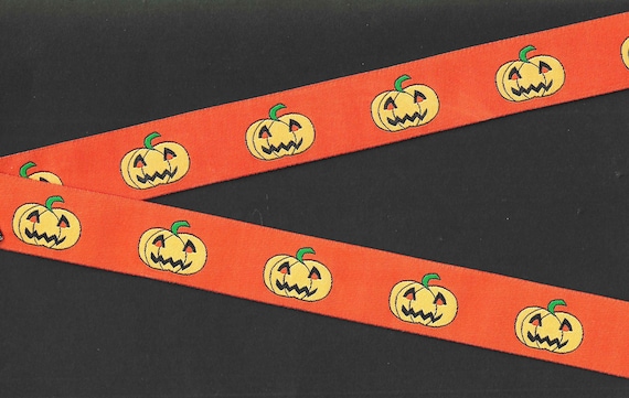 HALLOWEEN F-03-A Jacquard Ribbon Poly Trim 15/16" wide (25mm) Jack-'O-Lanterns on Orange