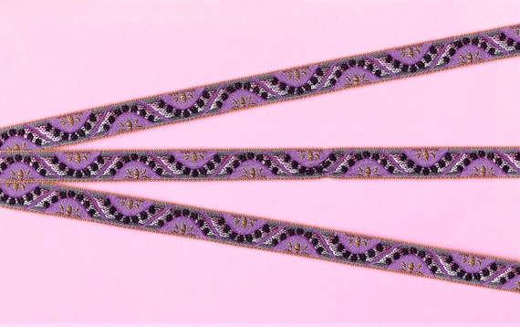GEOMETRIC B-26-A Jacquard Ribbon French Cotton 1/2" wide (13mm)Pink, Lilac & Copper Wave Pattern w/Purple Dots, Priced Per Yard