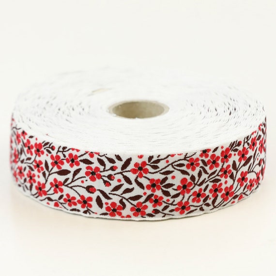 KAFKA F-01/40 Jacquard Ribbon Woven Organic Cotton Trim 1" wide (25mm) White Background w/Red Forget-Me-Nots, Burgundy Leaves & Vines