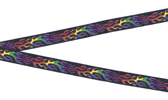 NOVELTY C-01-G Jacquard Ribbon Polyester Trim 5/8" wide (16mm) Dark Navy Background w/Yellow, Orange, Red, Purple, Blue & Green Flames