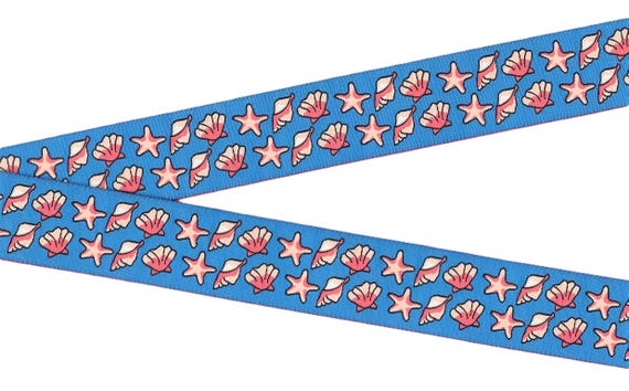 NOVELTY/Beach G-10-A Jacquard Ribbon Poly Trim 1-1/8" wide (28mm) Blue w/Seashells in Shades of Coral