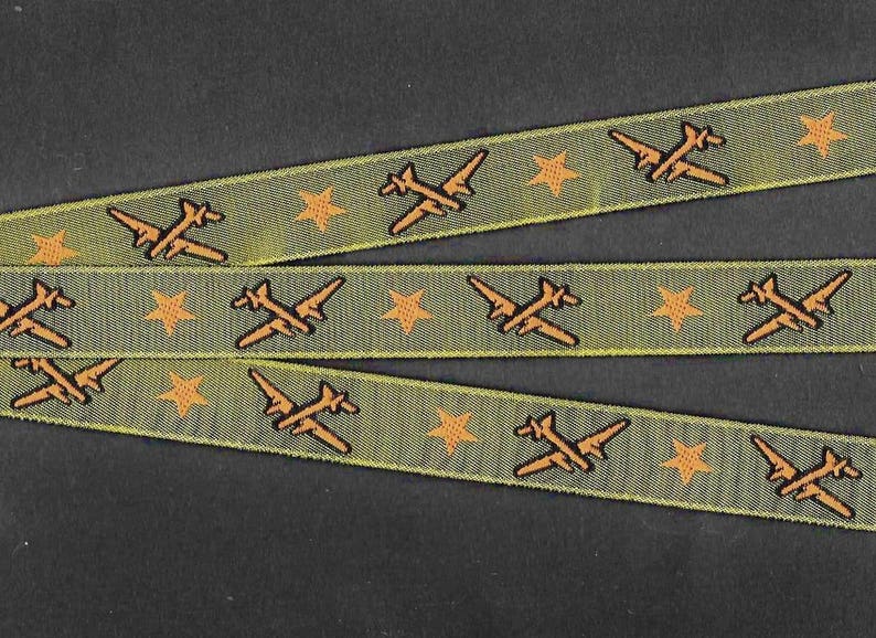 NOVELTY/PLANES C-01-A Jacquard Ribbon Poly Trim, 5/8 Wide 16mm Olive Green w/Carmel Brown Airplanes & Stars, Black Accents, Per Yard image 1