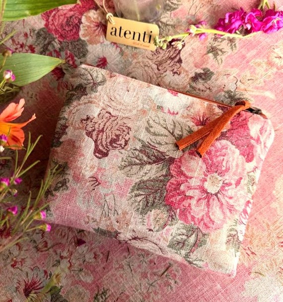 ATENTI Handmade Bags "ROSEWOOD" Warm Shades of Pink Floral Design, Accessory Pouch, Cosmetic Bag, Small Projects Bag, USA Made