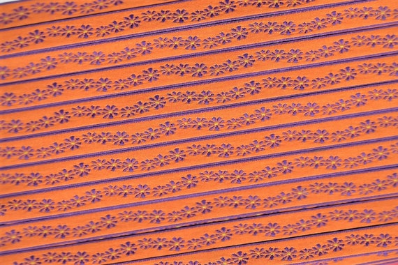 FLORAL A-09-A Jacquard Ribbon Poly Trim 3/8" wide (9mm) Made in France, Orange w/Purple Daisies & Purple Borders