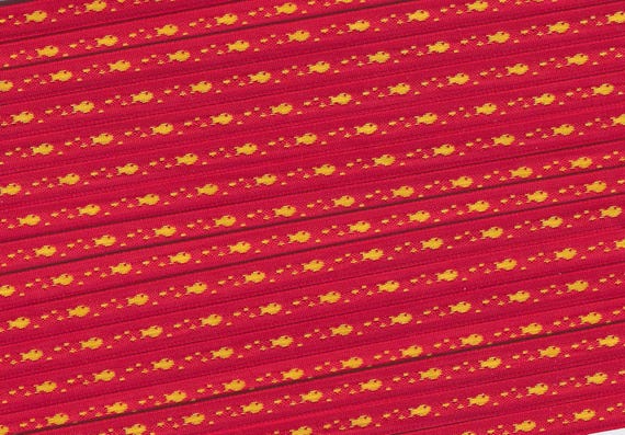 ANIMALS/Water A-01-A Jacquard Ribbon Poly Trim 1/4" wide (6mm) VINTAGE & RARE, Red w/Yellow Fish