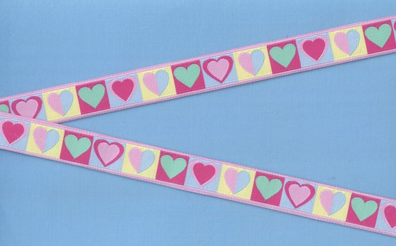 HEARTS/FLOWERS D-01-A Jacquard Ribbon Poly Trim 3/4" wide (20mm) Squares of Pastel Hearts