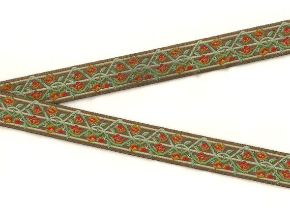 FLORAL F-14-A Jacquard Ribbon Poly Trim 7/8" wide (22mm) Tan Background w/Orange & Yellow Roses, Tan Trellis, Green Vines