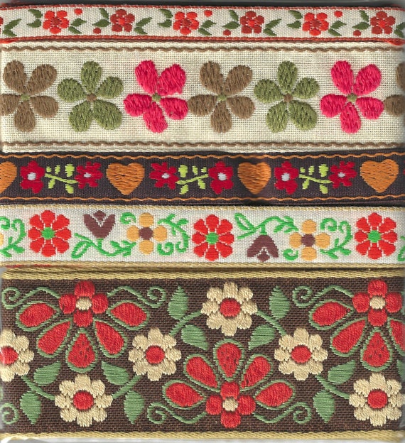 RIBBON PAK-103 Jacquard Ribbon Woven Cotton/Poly Trims 1yd lengths of 5 Floral Designs in Brown, Beige, Olive, Orange & Yellow Tones