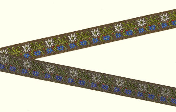 FLORAL E-10-A Jacquard Ribbon Rayon Trim 7/8" wide (22mm) VINTAGE (From Switzerland) Brown w/White & Blue Edelweiss Green Leaves