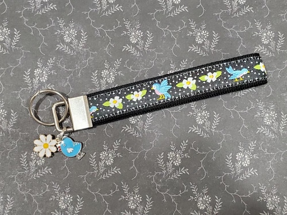 Jacquard Ribbon/Nylon Web 3/4" wide (20mm) Key Fobs, Blue Birds & White Flowers w/Charms, Keychain, Wristlet, Luggage Tags 5.5" long