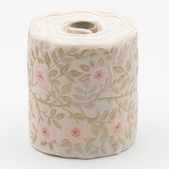KAFKA M-01/70 Jacquard Ribbon Organic Cotton 4" wide (100mm) VERY WIDE Ivory w/Pink Flowers