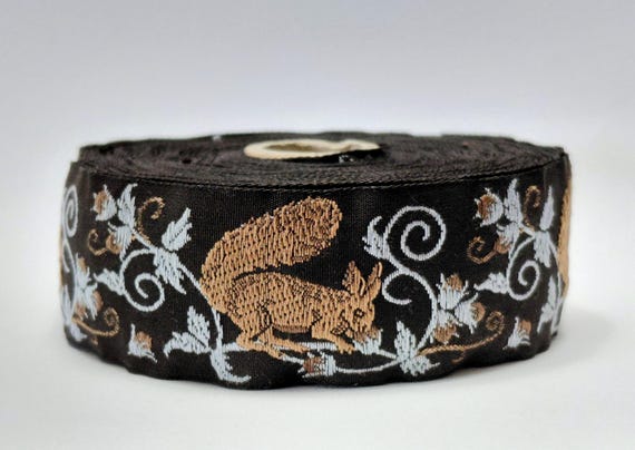 KAFKA G-34/07 Jacquard Ribbon Organic Cotton Trim 1-1/4" wide (32mm) Black w/Brown Squirrels