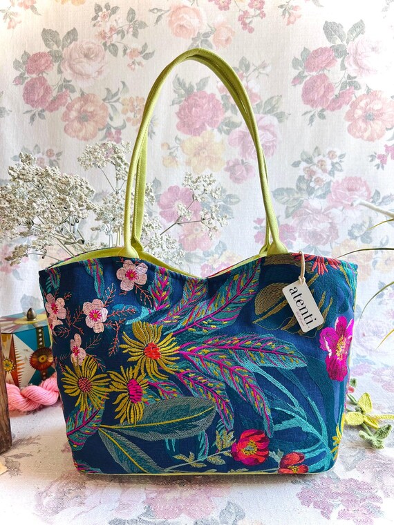ATENTI Handmade Bags "FLORA" Embroidered Tapestry Pattern Floral Bag, Needle Arts Organizer Bag and Grand Accessory Pouch 2pc Set, USA Made