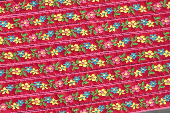 FLORAL B-20-D Jacquard Ribbon Woven Cotton Trim 1/2" wide (13mm) Red (Pink Borders) Pink, Blue & Yellow Edelweiss, Green Leaves, Per Yard