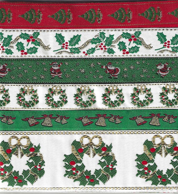 RIBBON PAK-111 Jacquard Ribbon Poly Trim, 1yd of 6 Different Holiday Christmas Ribbons in Black, Red, White & Green, Metallic Gold Accents